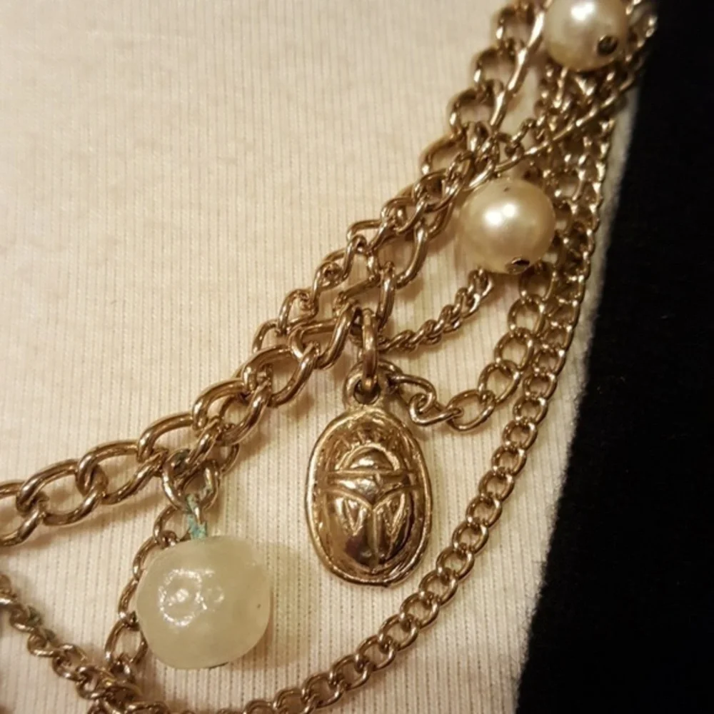 VTG EGYPTIAN REVIVAL BOHO MULTI LAYER‎ GOLD PEARL CHOKER NECKLACE